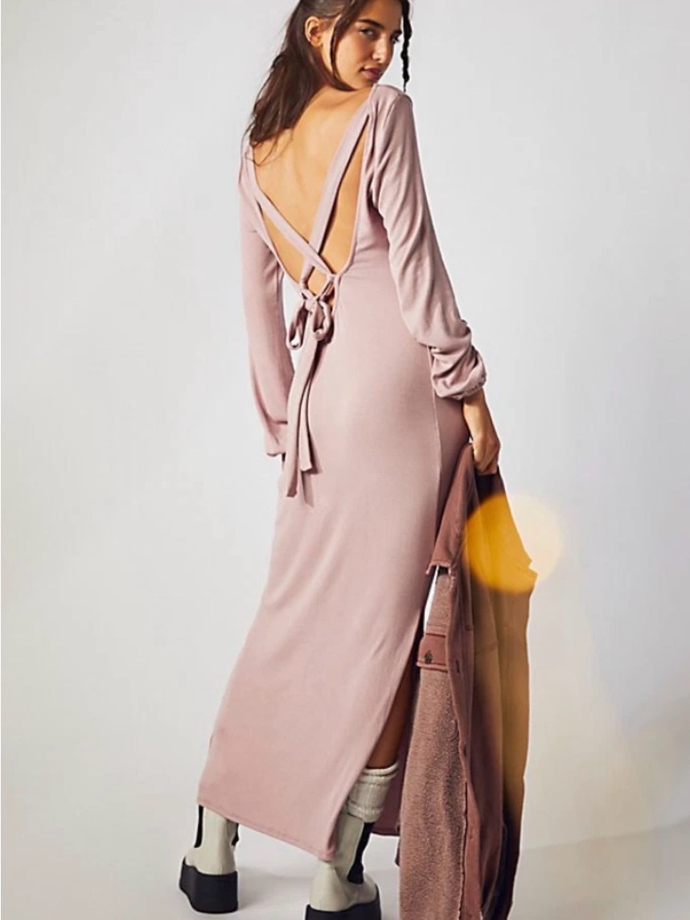 Free People Beach Luna Ribbed Midi/Maxi Dress Pink Knit Criss Cross Back Sz M